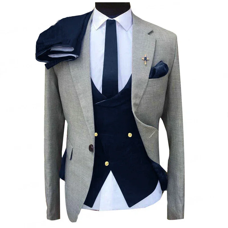 

3 Piece Slim Fit Men Suits for Wedding Double Breastedd Waistcoat Gray Jacket with Royal Blue Pant Groom Tuxedo Fashion Cosatume