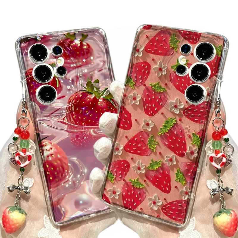 Cute Strawberry Chain Case For Samsung Galaxy S22 S23 S21 Ultra Plus S20 FE A25 A24 A14 A34 A35 A05 A05S A53 A33 A52 A32 A72 A13