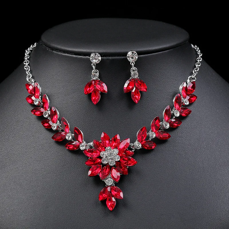 Exquisite Rhinestone Flower necklace and earrings Sets For Women Multicolor Wedding Party  Jewelry Accessories