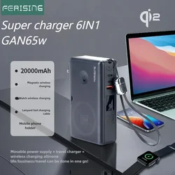 FERISING GaN 65W 6in1 Laptop Powerbank QI2 Wireless Magnetic Power Bank 20000mAh External Battery For iPhone Watch 6-9 Mackbook