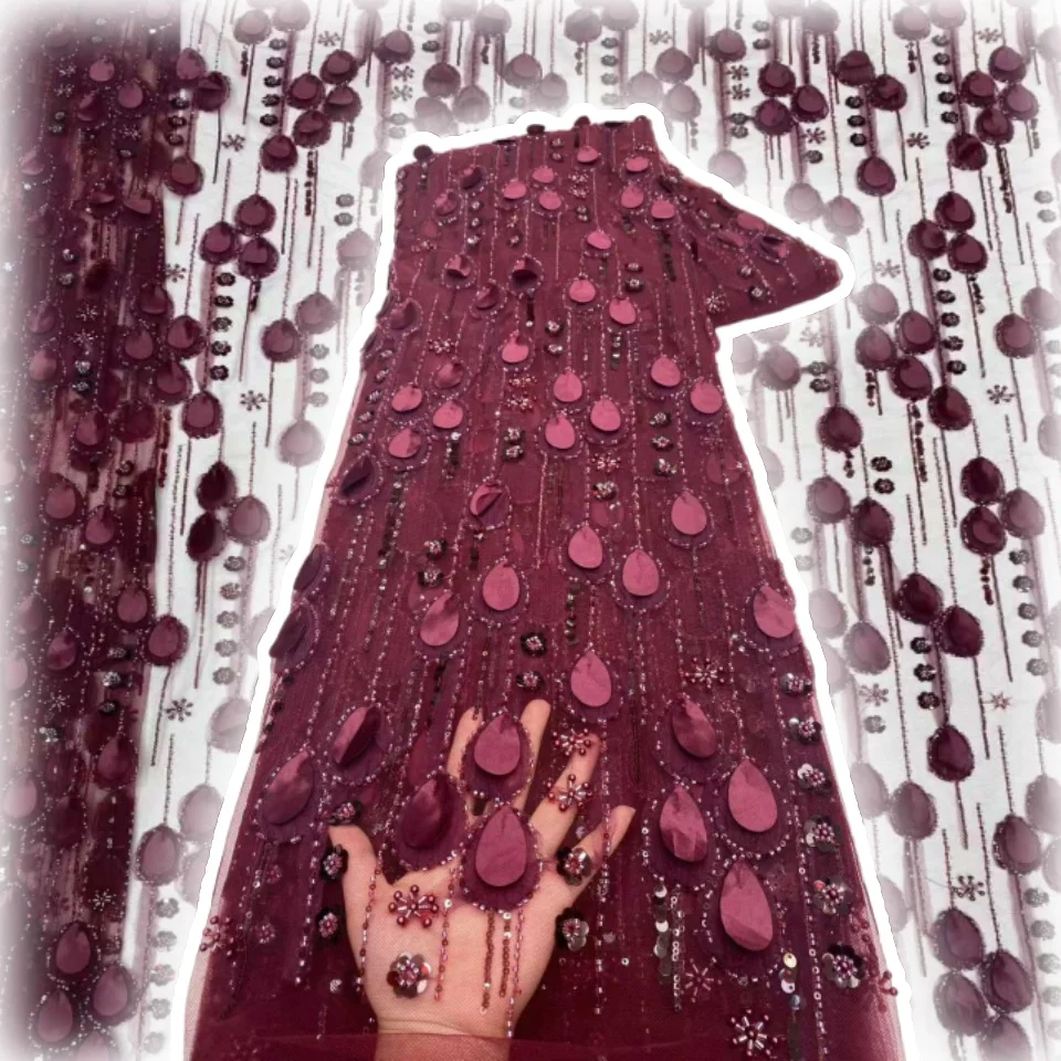 

African Lace Fabric Embroidered Sequined Nigerian Lace Fabrics 3D flowers High Quality French Tulle Lace Fabric For Dress CC1187