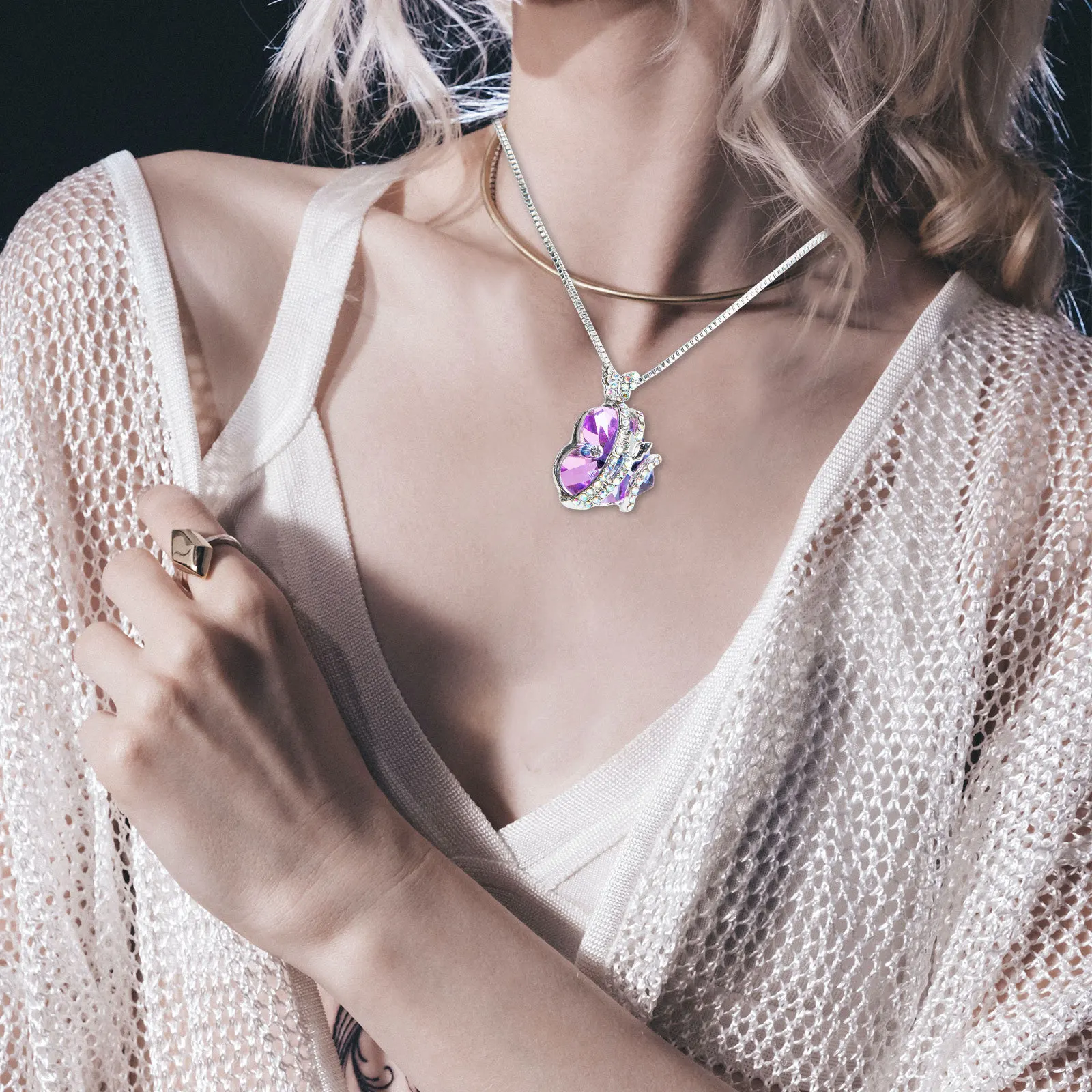 

Heart Crystal Rhinestone Butterfly Pendant Clavicle Chain Fashion Crystal Necklace Jewelry For Women Girl Accessory