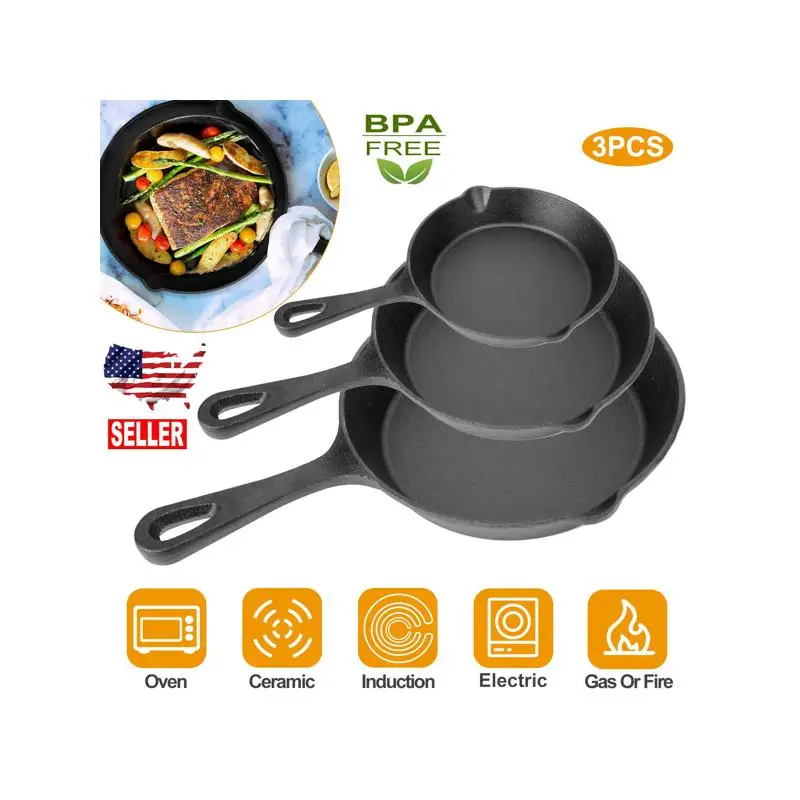 

Набор сковородок из 3 предметов: чугунные сковороды длиной 6 дюймов, 8 дюймов и 10 дюймов — антипригарная, безопасная для духовки, термостойкая посуда