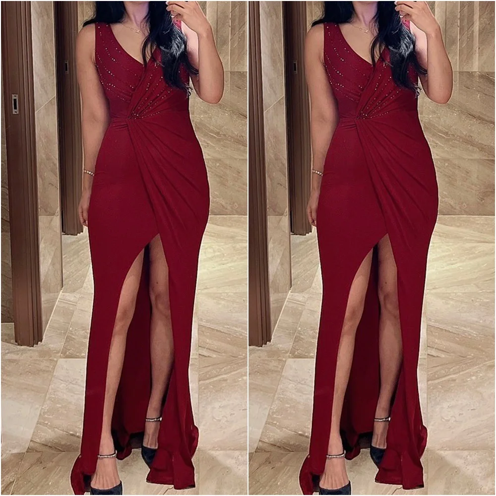 

Burgundy Long Prom Dresses Spandex V neck Mermaid Evening Gown Front Split Beaded Bodice Ruched Elastic Woman Bridesmaid Dress