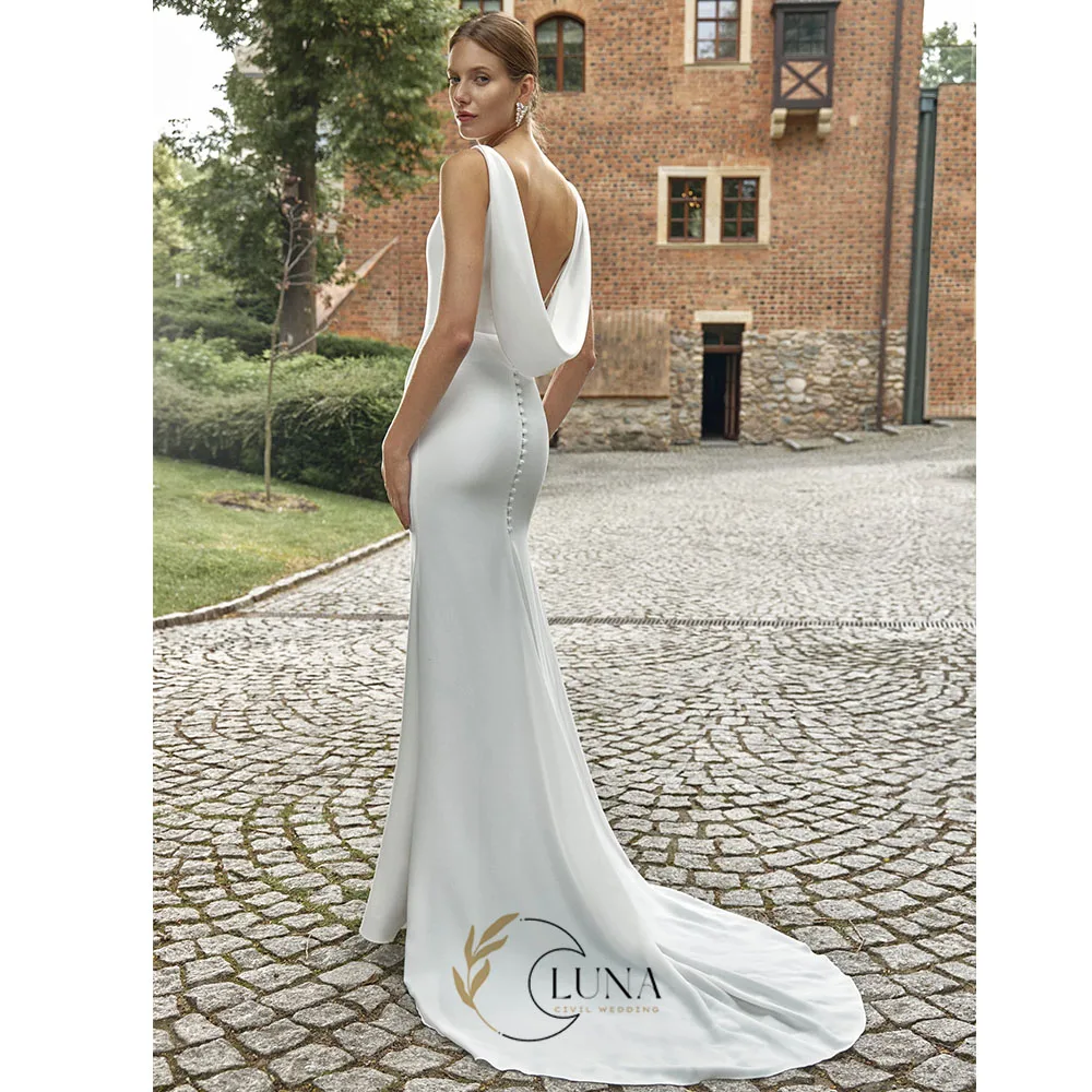 Luna Minimalist Crepe Wedding Dress with Open Back Boat Neck Bridal Gown with Train Customized Sheath Elegant Wedding Dresses