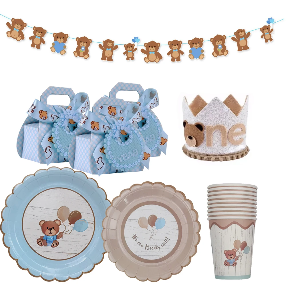 1set Carton Bear Disposable Tableware Brown Blue Plates Cups for Baby Boy Girl Bear Happy Birthday Baby Shower Party Supplies