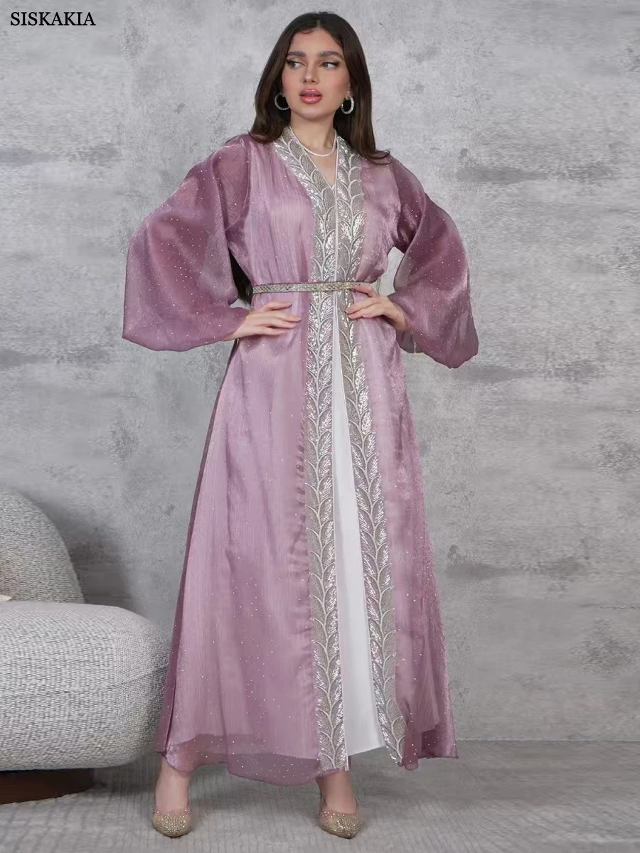 Siskakia Ramadan Muslim Embroidery Maxi Abaya Moroccan Puff Sleeve Kaftan Belt included Two Pieces Sequins Patchwork Dress