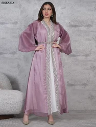 Siskakia Ramadan Muslim Embroidery Maxi Abaya Moroccan Puff Sleeve Kaftan Belt included Two Pieces Sequins Patchwork Dress