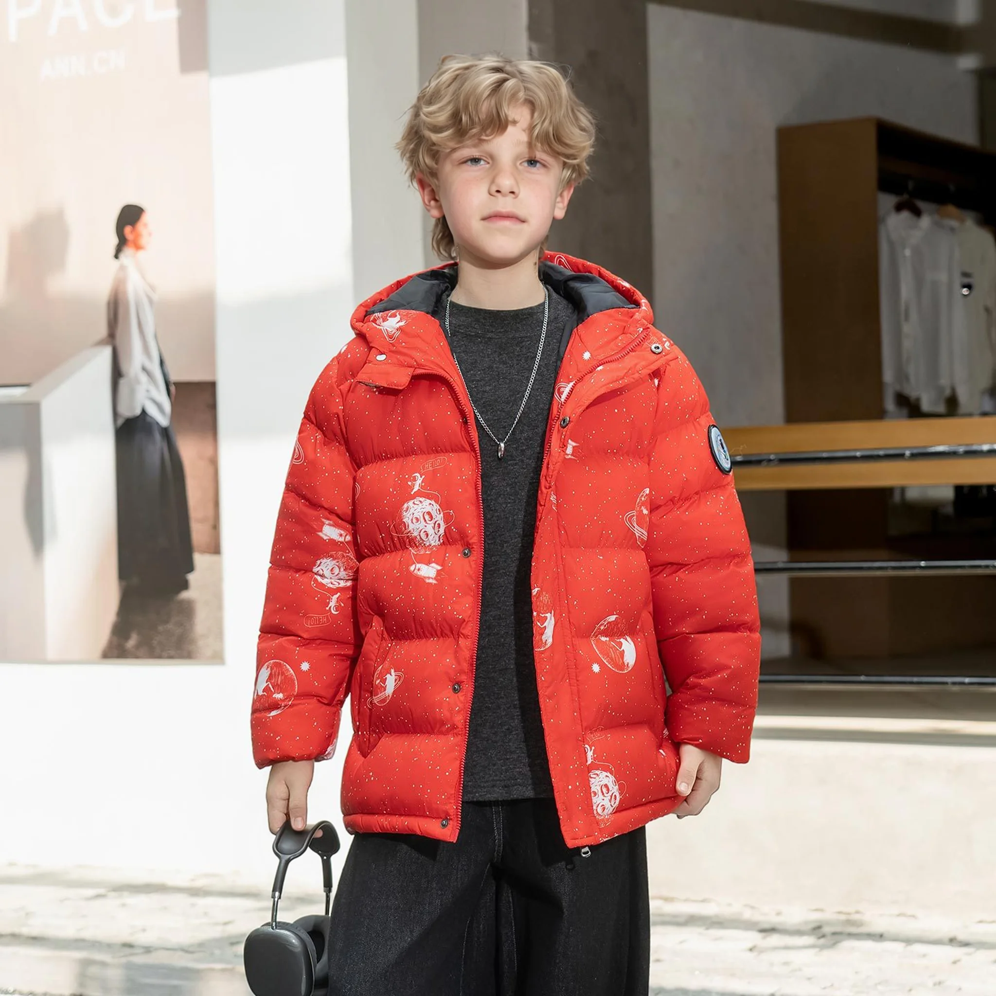 

Teenager Kids Winter Thick Warm Windproof Cotton Content Coat Children Garment Handsome Boys Space Print Cotton Padded Outwear