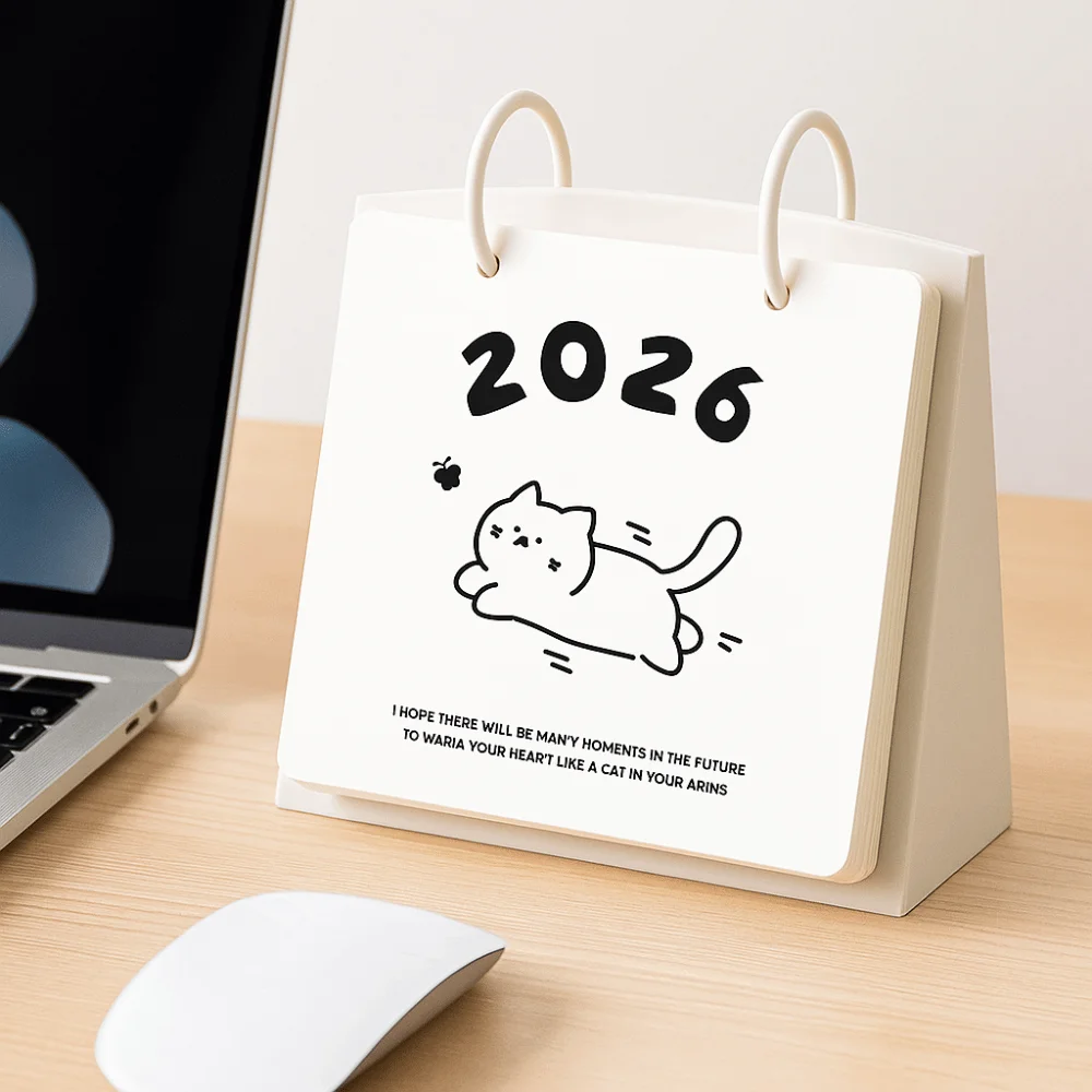 홈 장식 플라스틱 2026 데스크탑 캘린더 고양이 패턴 휴대용 스탠딩 플립 캘린더 만화 안정적인 베이스 테이블 플래너 학교