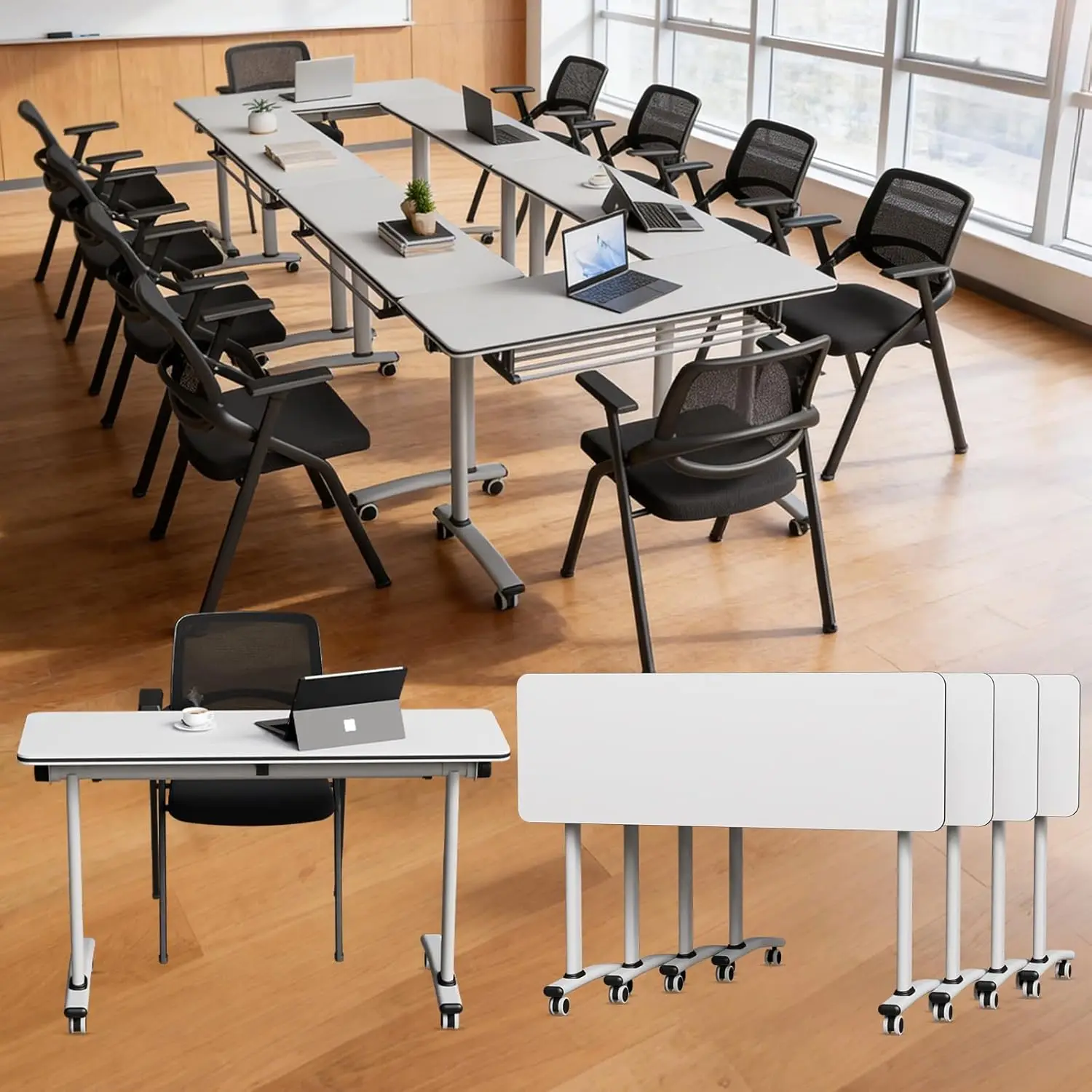 

4 Pack Folding Table On Wheels Flip Top Mobile Modular Rolling Office Classroom 47.2IN, Customized