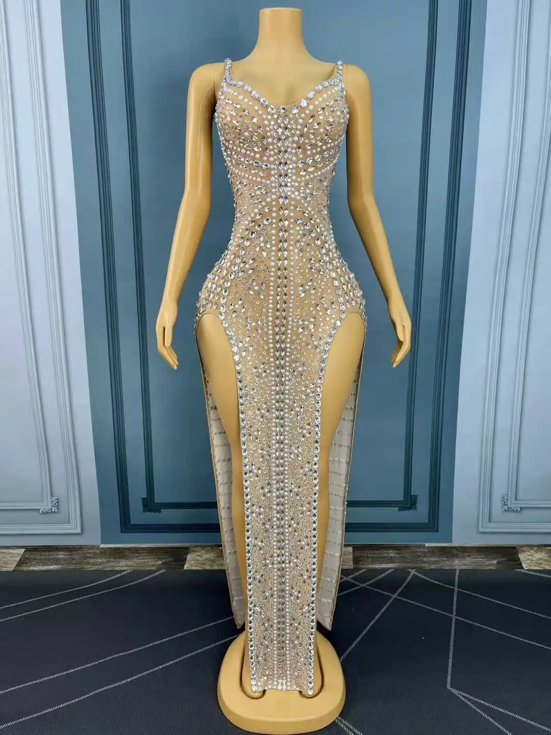 Luxury Twinkling Rhinestones Pearls Sexy V-neck High split Dress Evening Cocktail Birthday Party Gown Red carpet Stage Wear