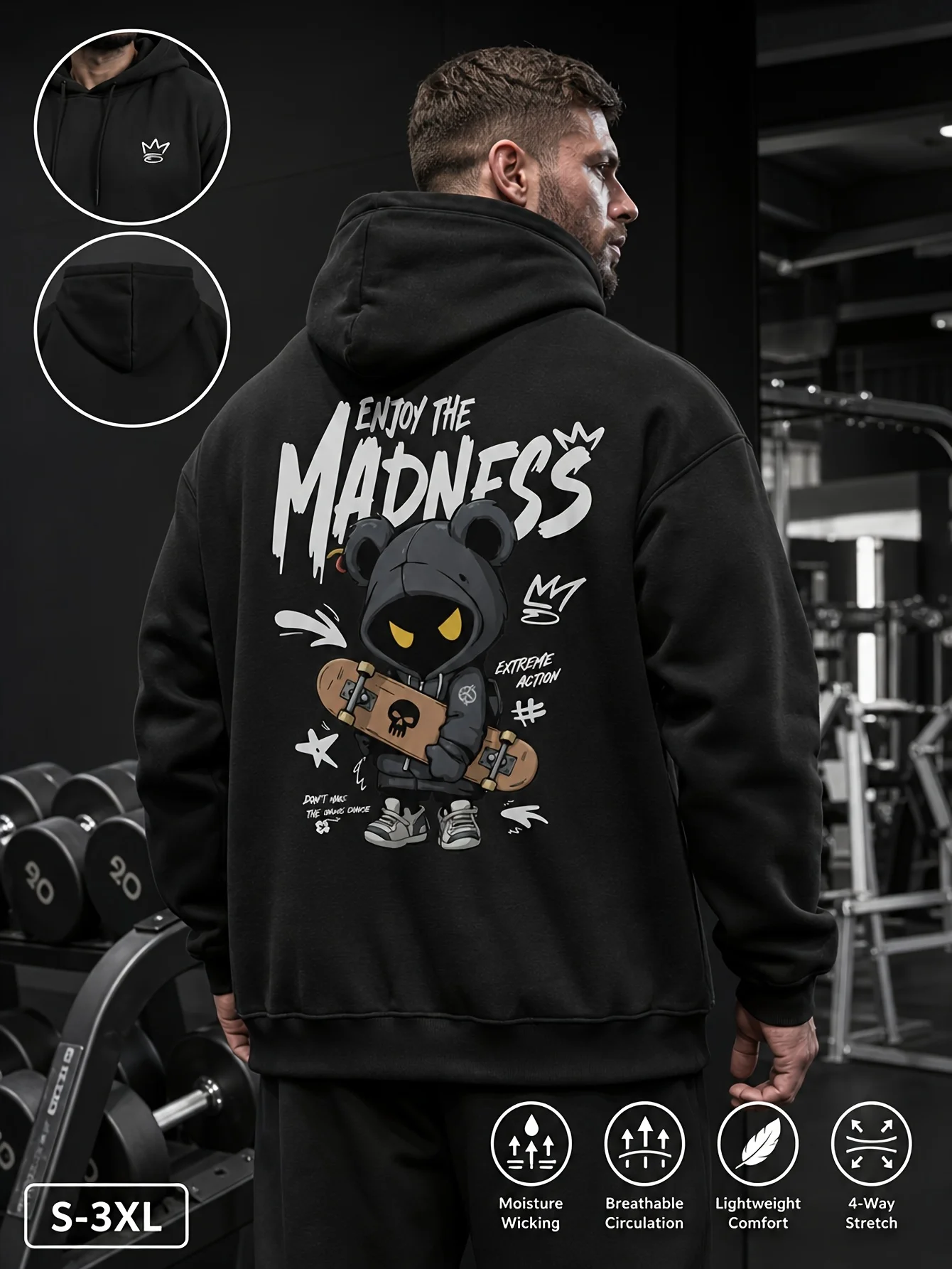 Enjoy The Madness Hoodie Bear Skateboard Graffiti Slogan White Unisex Men Women Oversized Casual Sweatshirt Long Sleeve