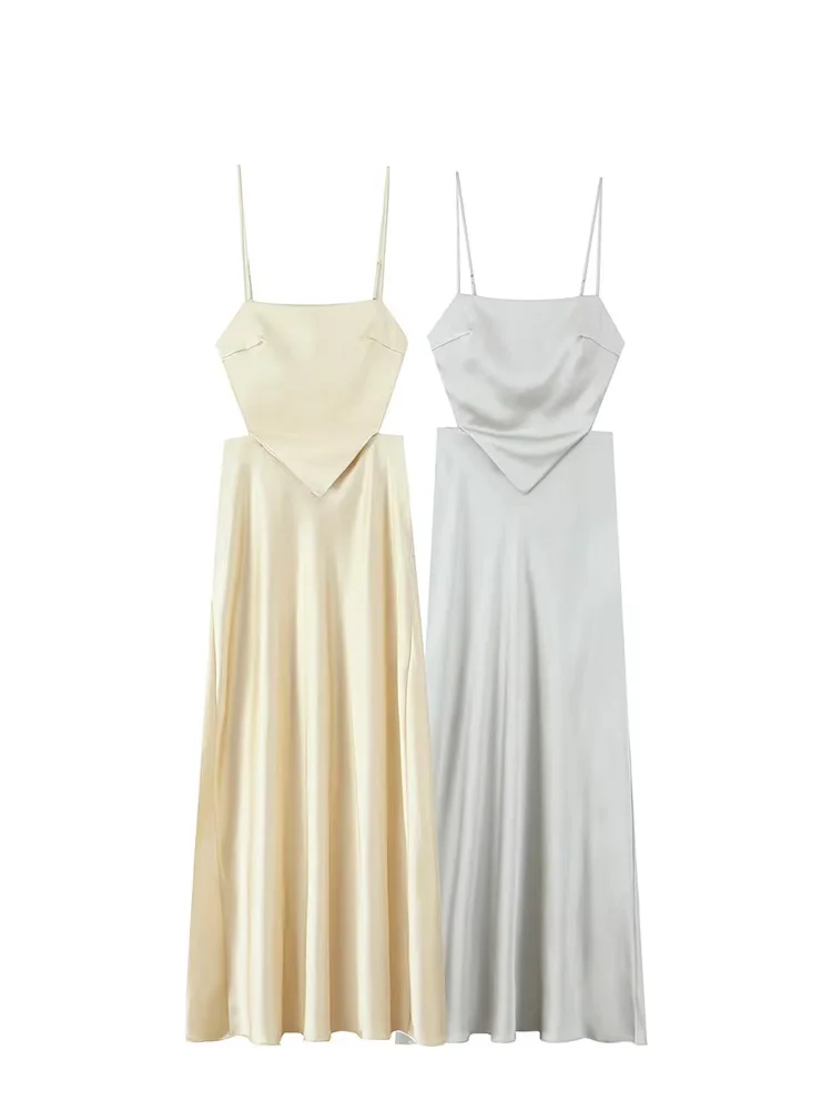 HH Abito da donna con cerniera laterale stile spiaggia senza maniche senza schienale con lacci Decorazione Abito estivo da donna con trama in raso a 2 colori