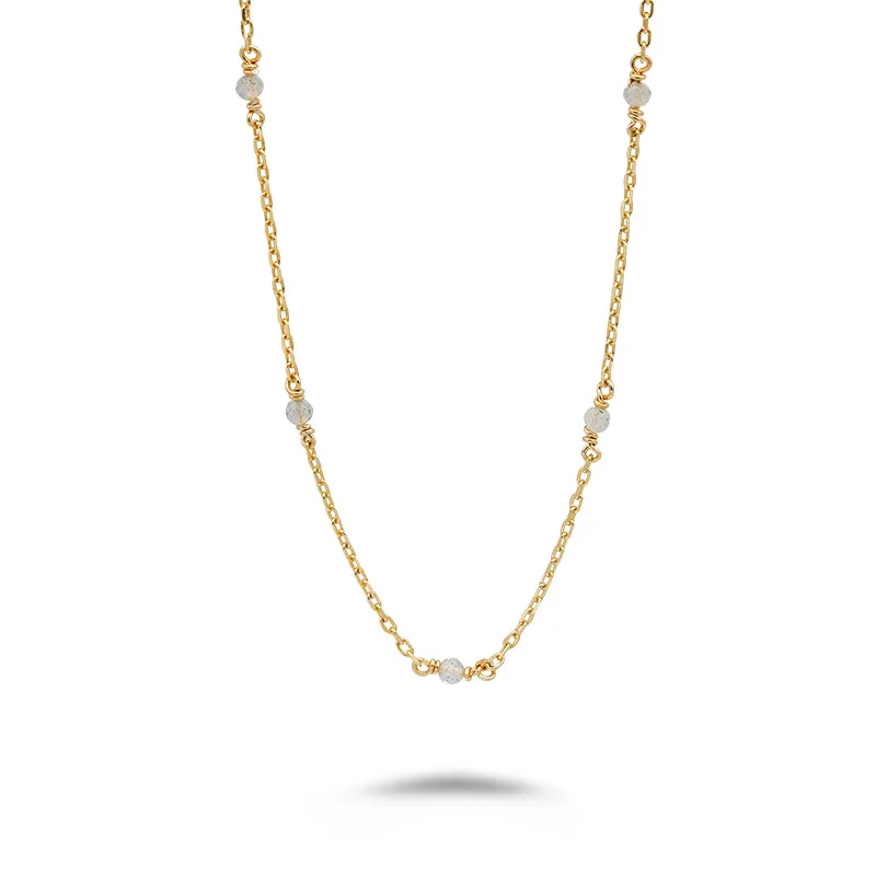 

Clavicle Chain Sterling Silver Gold Plated Beaded Natural Elongated Stone Necklace