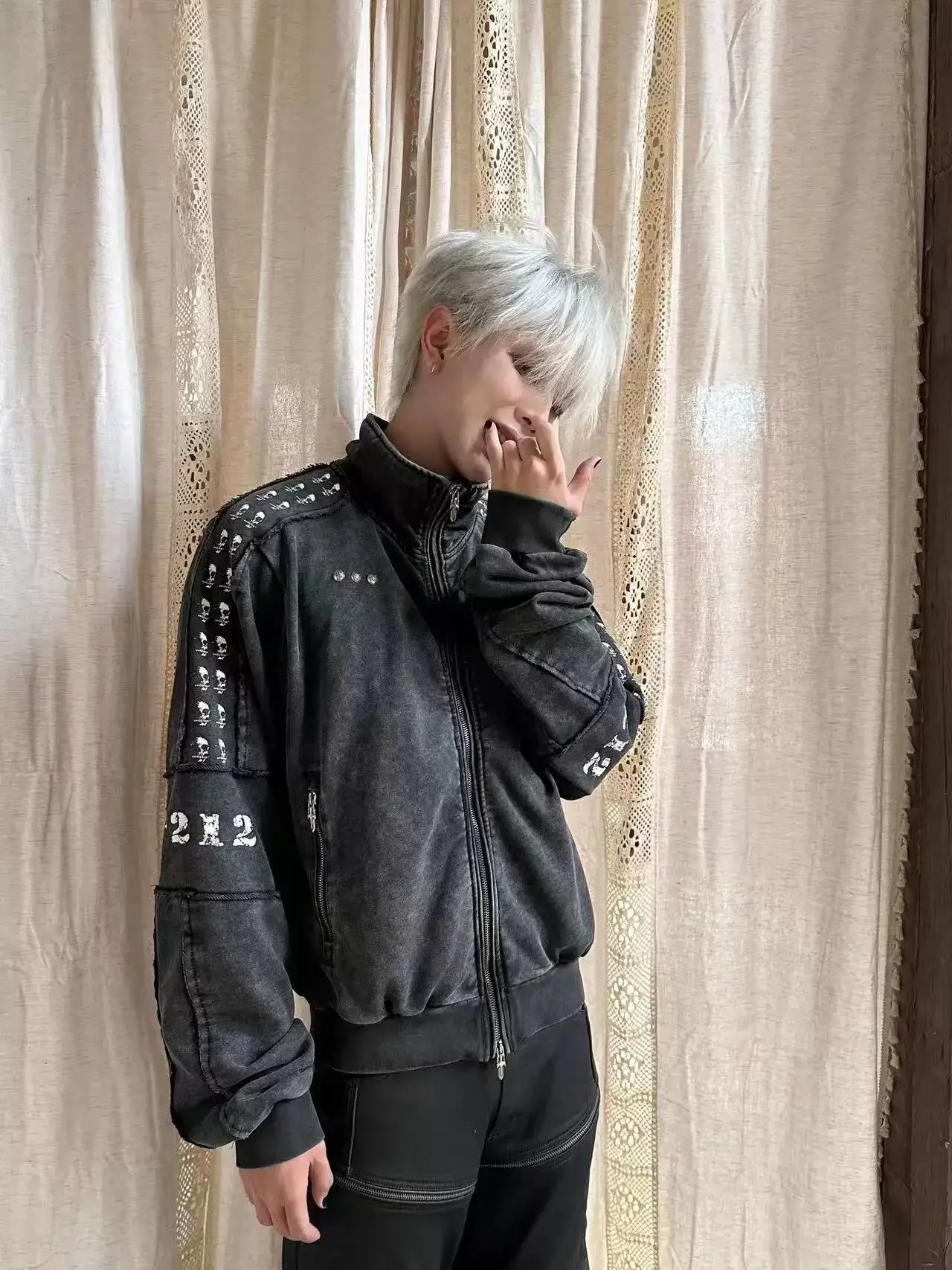Men's Punk Heavy Washed Vintage Printed Patchwork Subculture Silhouette Sweatshirt