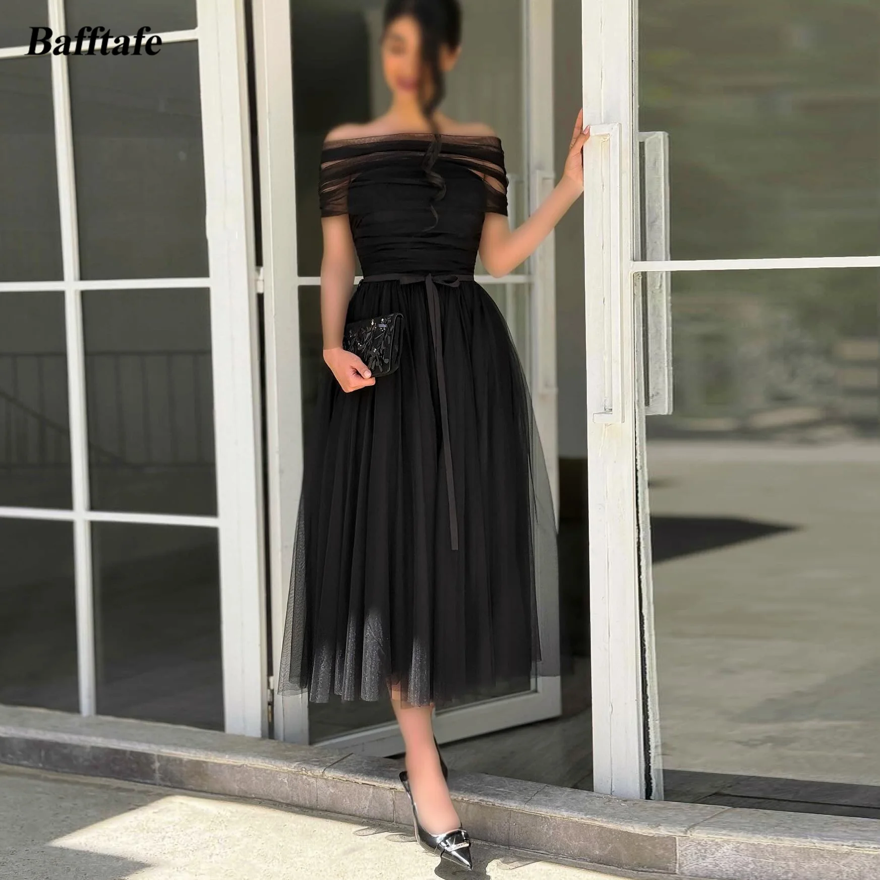 

Bafftafe Black Tulle Midi Women Formal Dresses Customized Detachable Wrap Evening Gowns Ankle Length Girl Homecoming Party Dress