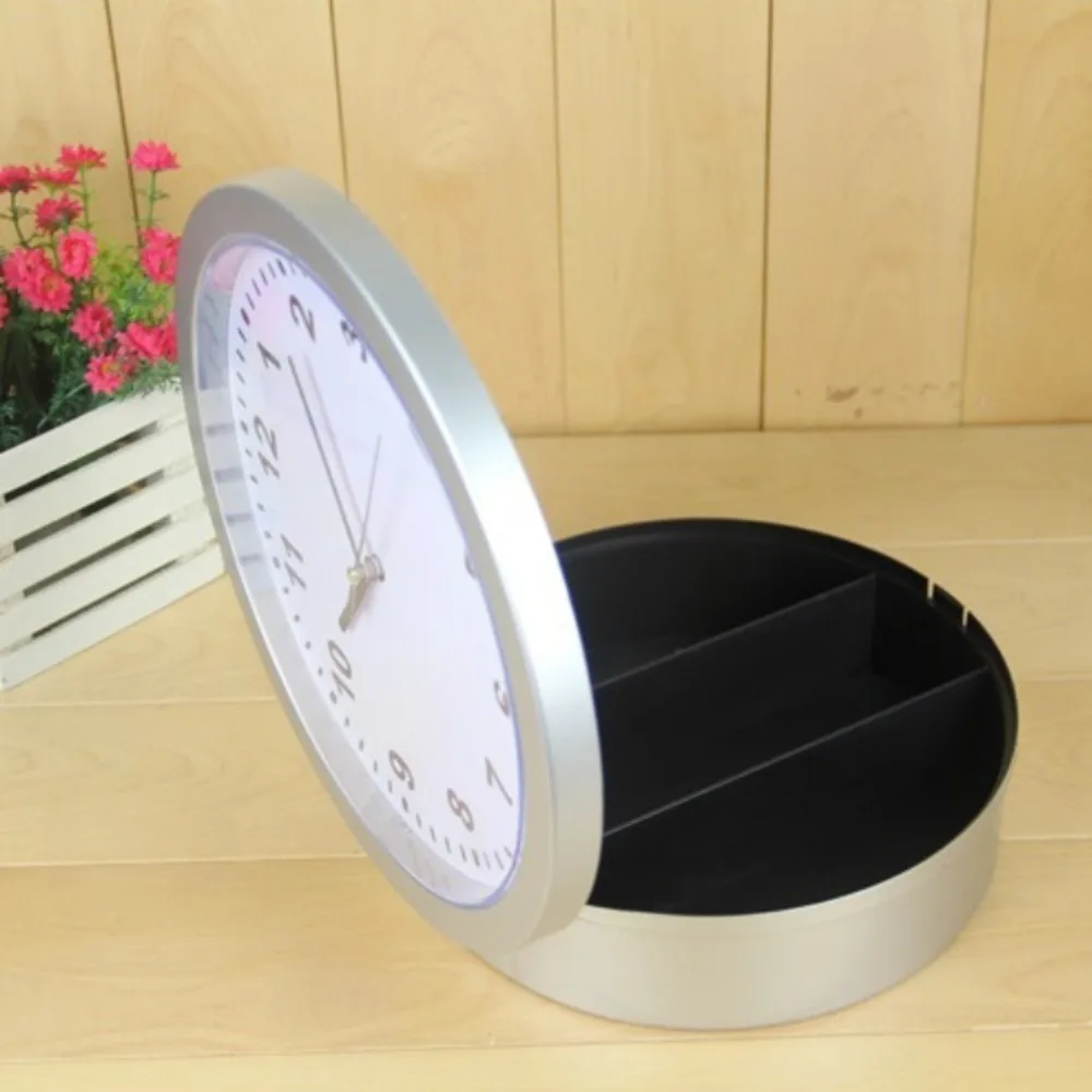 Wall Mountable Wall Clock Safe Box Lockable Container Compact Size Secret Compartment Box Silver Brown Discreet Appearance