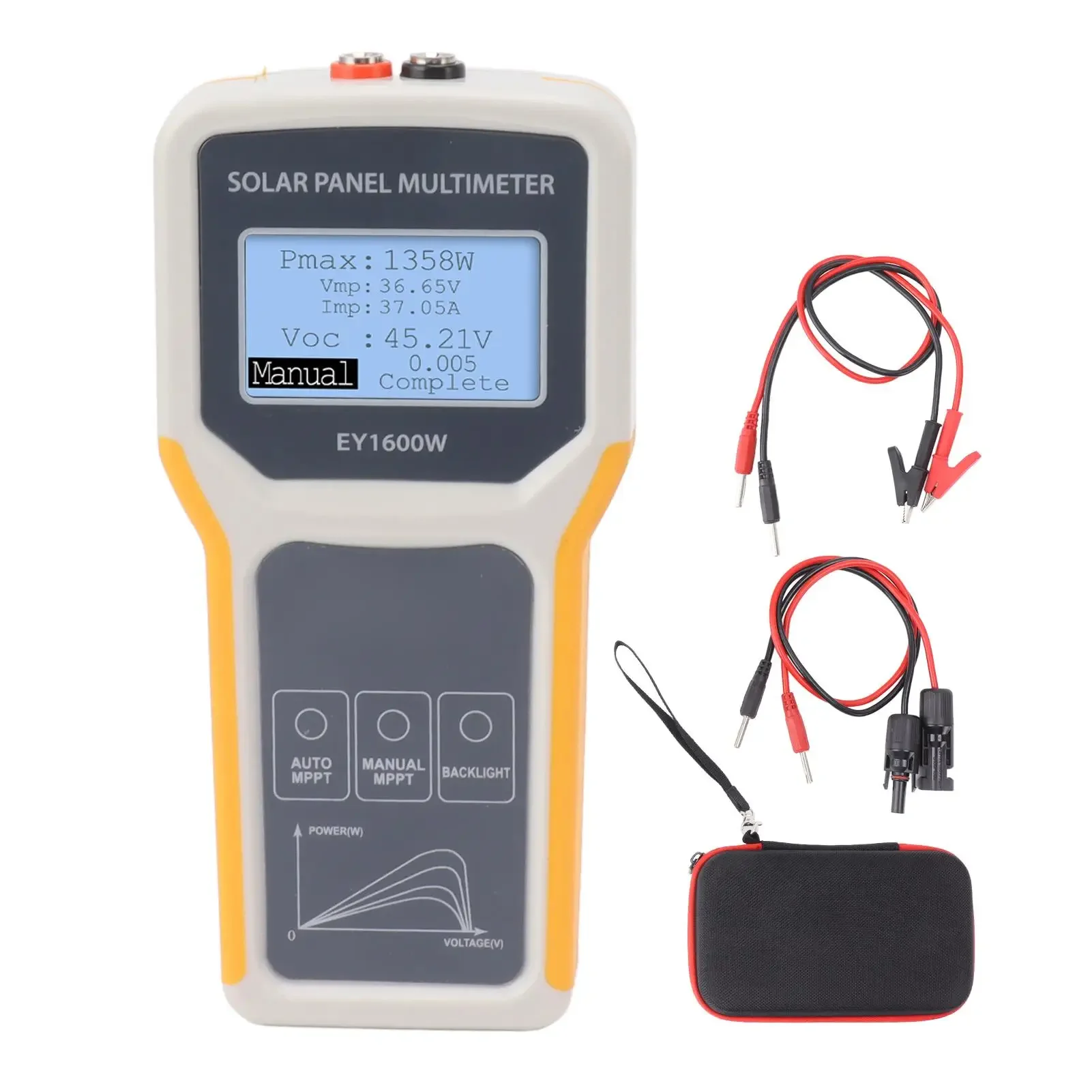 Solarpanel-Tester, Photovoltaik-Multimeter EY1600W mit Hintergrundbeleuchtung, MPPT-Spannungswerkzeug für offene Stromkreise für Solar-PV-Tests, Gelb