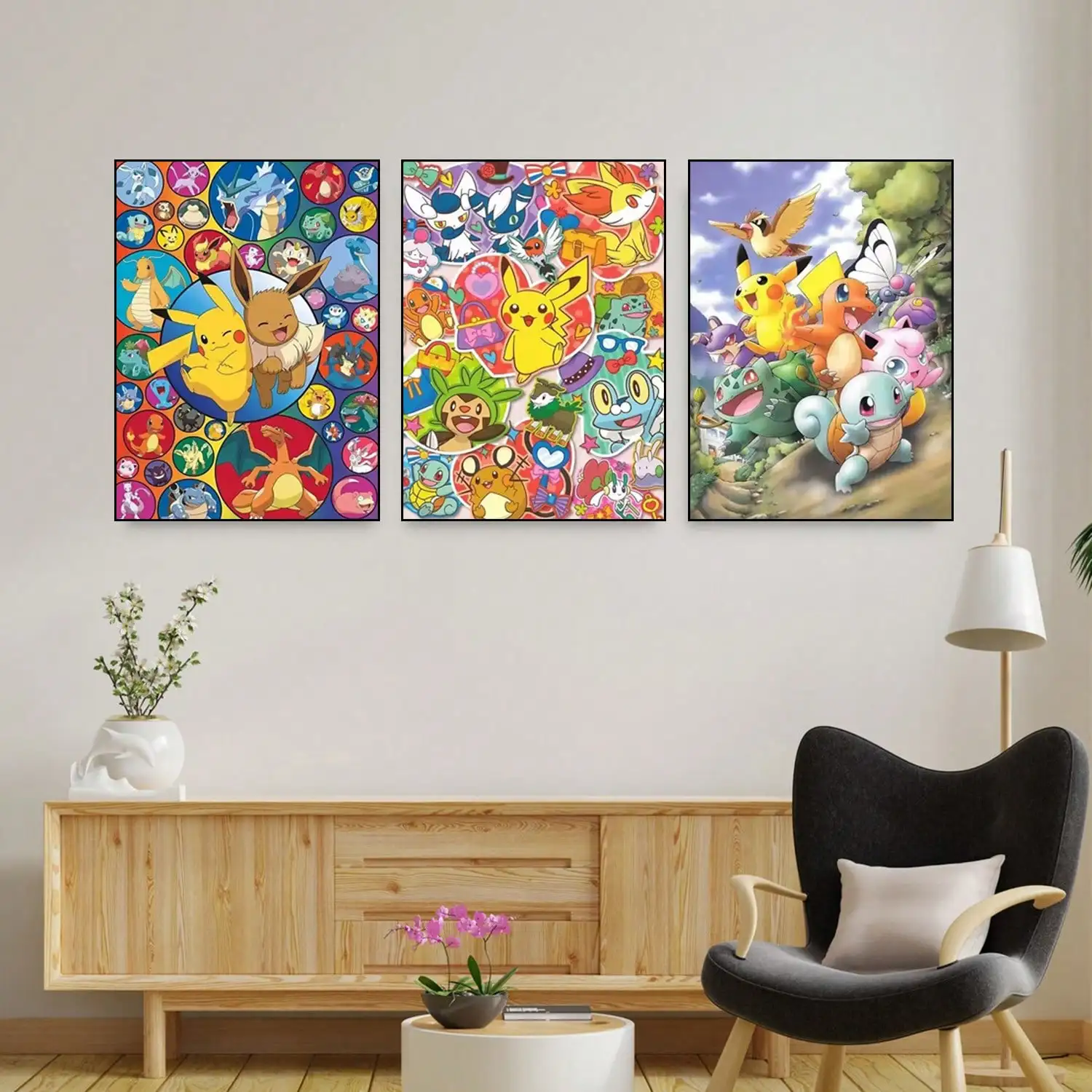 일본 애니메이션 주변기기 빈티지 포켓몬 포스터 피카추 이브이 겐가 벽 예술 캔버스 그림 현대적인 방 장식 그림 선물