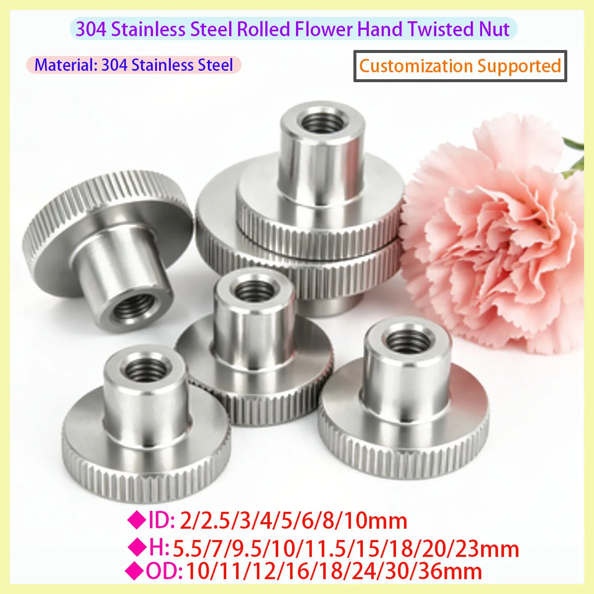 304 Stainless Steel Rolling Flower Finger Nut M3 M4 M5 M6 M8 M10, Through-hole 3D Printer Parts Curtain Wall