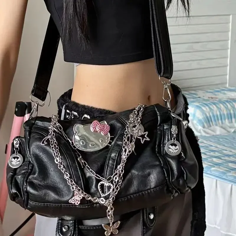 

Hello Kitty Crossbody Bag Sweet Cool Motorcycle Handbag Y2K Spicy Girl Chain Shoulder Bag Pu Leather Crossbody Tote Bag