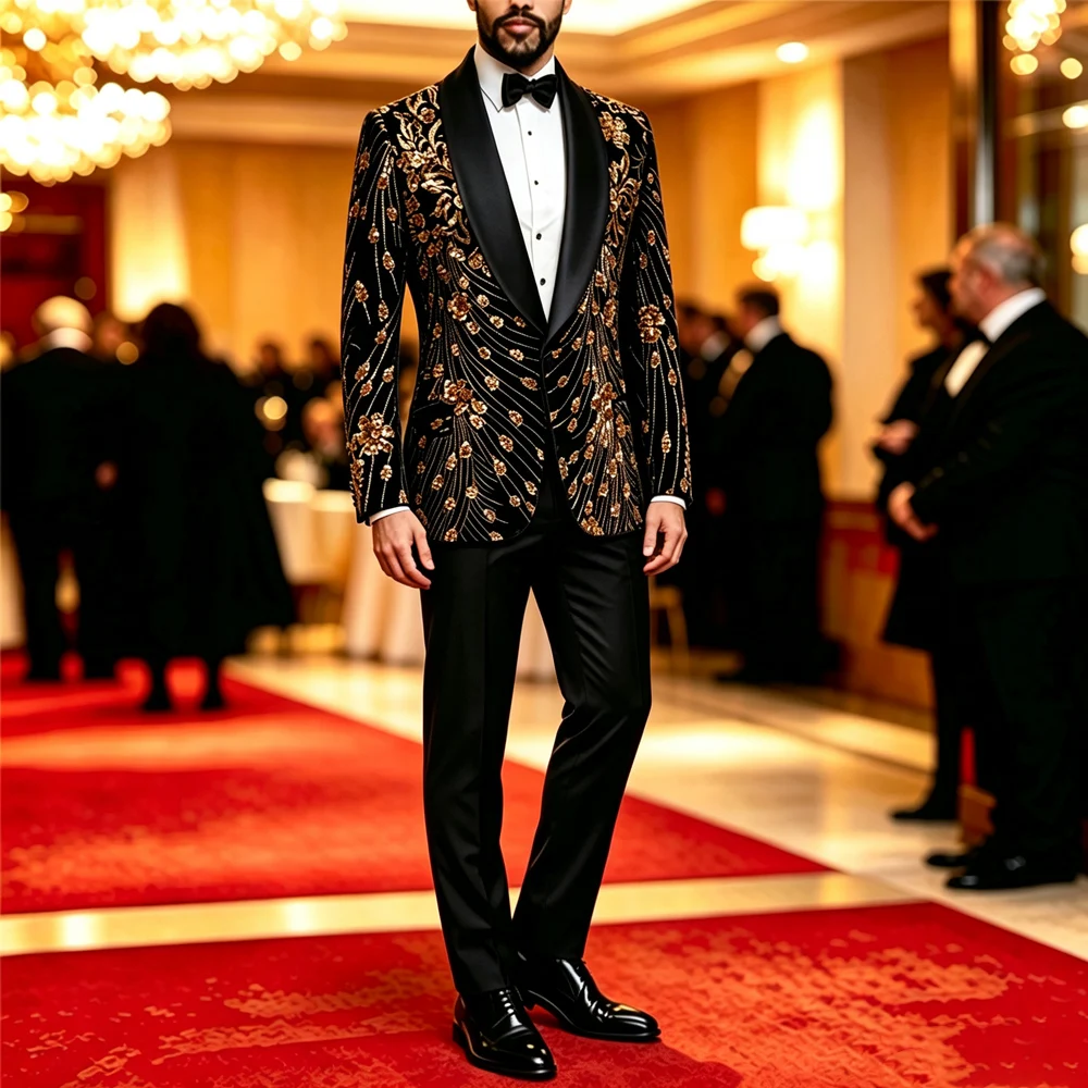 Men Black Velvet Blazer Gold Floral Embroidery Shawl Lapel Slim Fit Jacket Wedding Groom Tuxedo For Party Prom