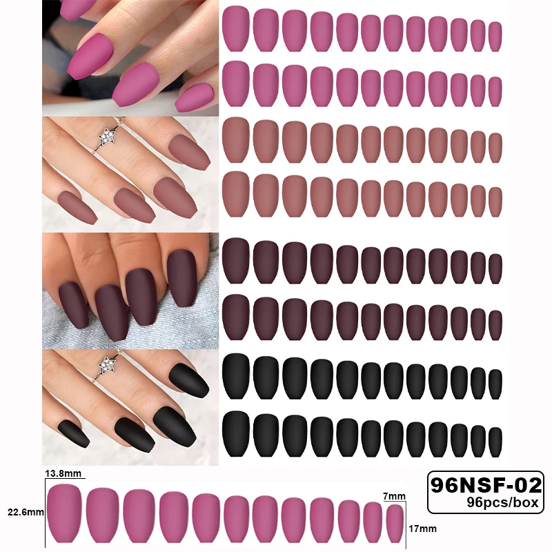 96pcs/Box Coffin Ballet Press On Nails Short Square Full Cover Nail Tips False Nails Mixed Size Solid Color DIY Accessories_voghion.com