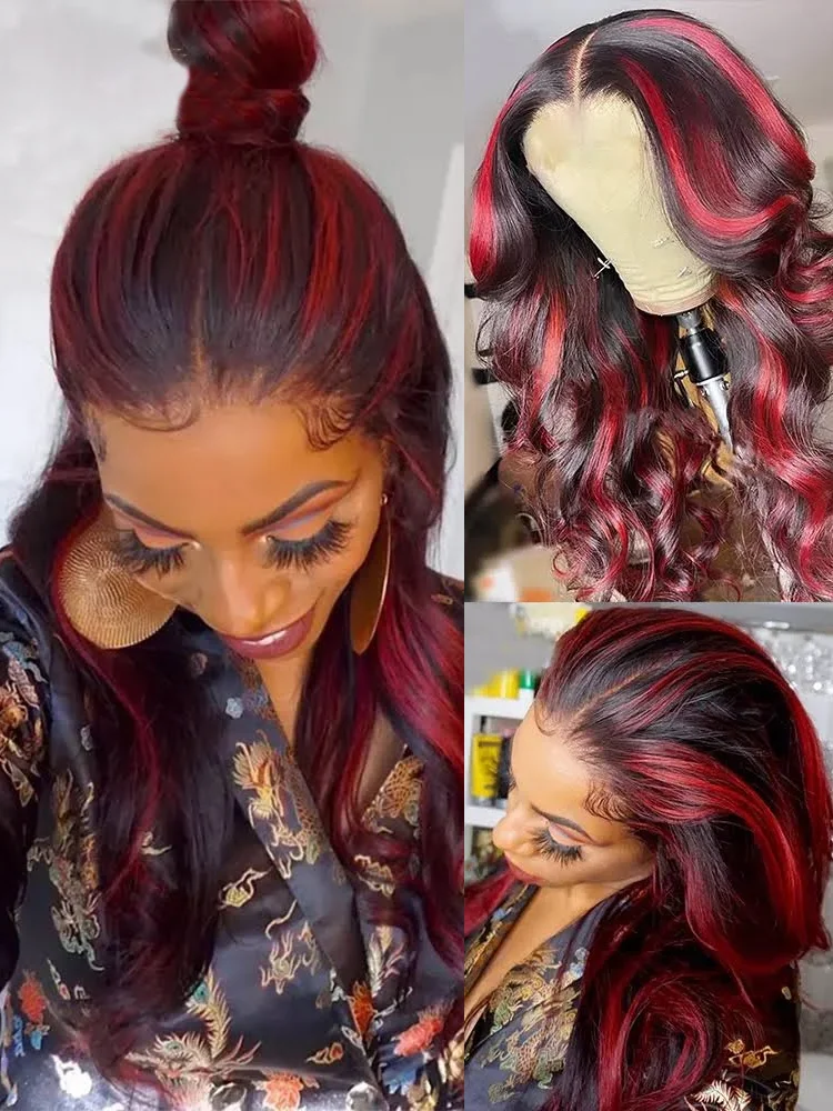 Burgundy Body Wave Lace Front Wig13X6 HD Lace Frontal Wig Red Highlight Wig Human Hair Colored Lace Closure Wigs 12-32Inch