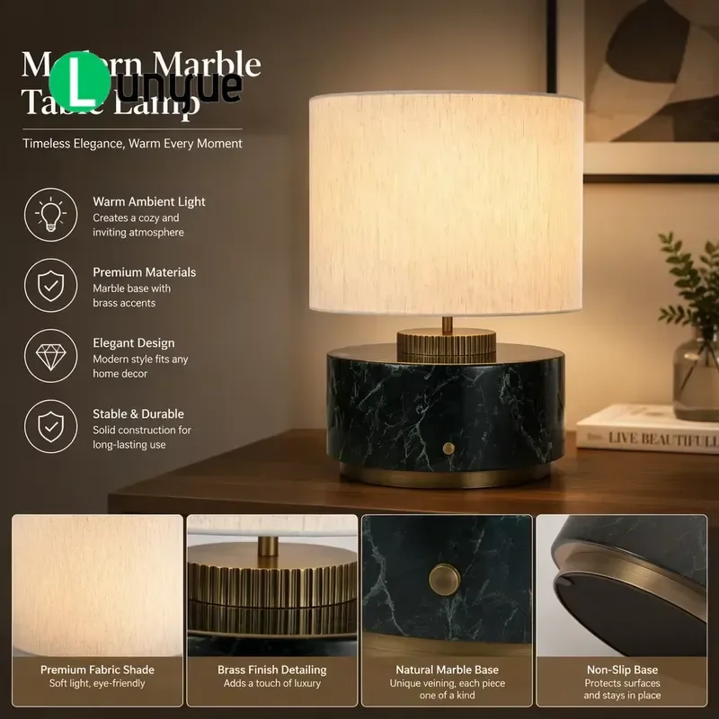Modern Wabi Sabi LED Table Lamp Natural Marble Base Cylindrical Shade Decorative Lighting for Living Room Bedroom Interior