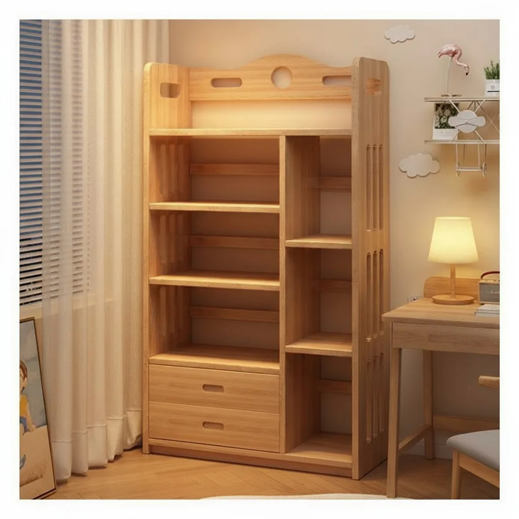 Bookcase floor-to-ceiling against the wall, living room shelf, simple cabinet, household locker, bedroom corner with pumping