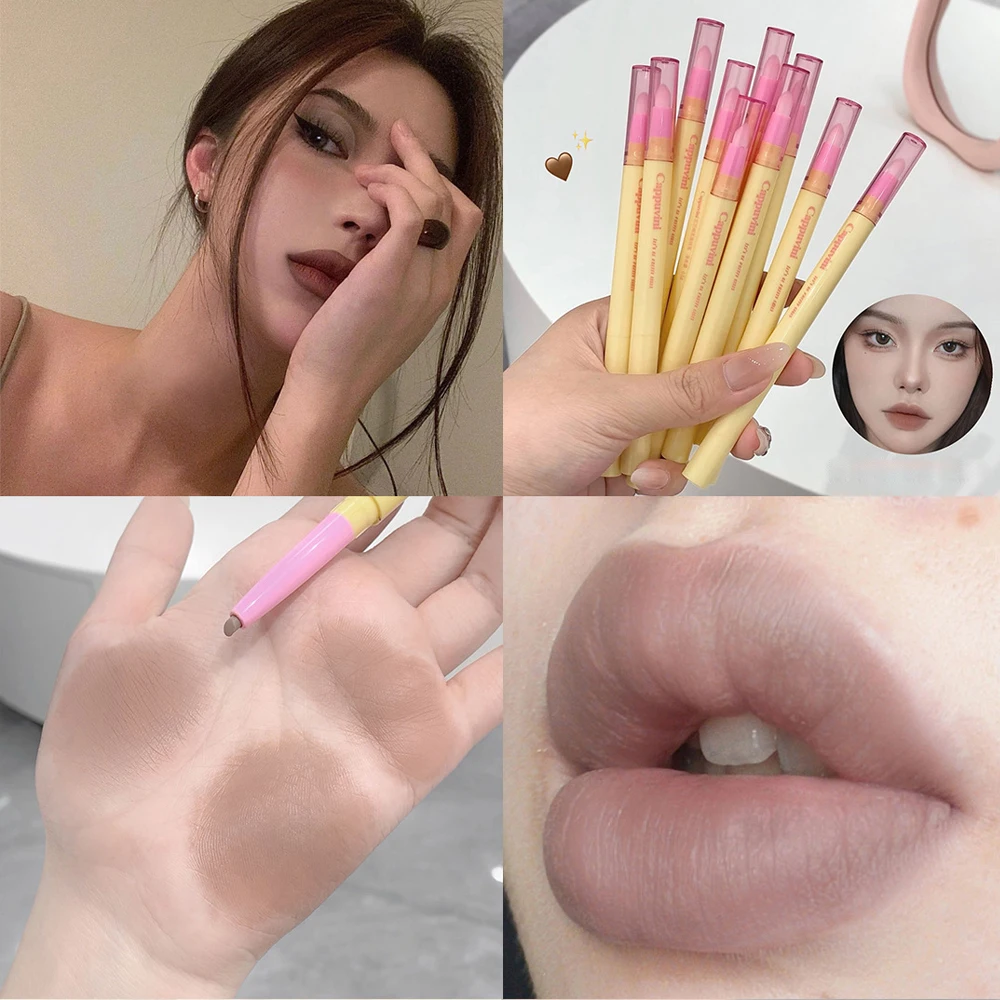 Delineador de labios 2 en 1 con pincel, lápiz labial Nude mate suave, duradero, resistente al agua, tinte de labios rosa, maquillaje nutritivo, cosméticos