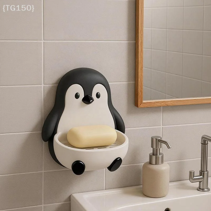 〔T〕Cartoon Penguin Wall Soap Holder No Punch Drainage Soap Box Bathroom Decor Soap Storage Tray