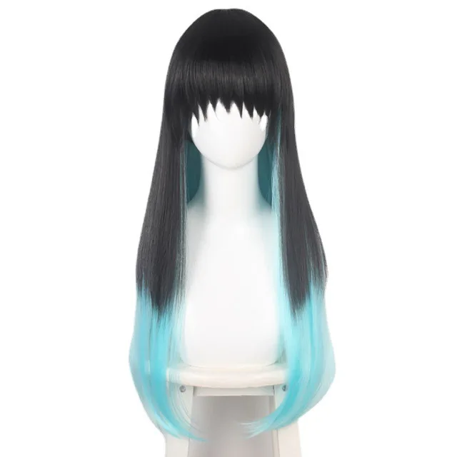 Kyojuro Rengoku "Flame Pillar" Bloco de cor gradiente preto misto azul e verde tranças duplas peruca cosplay