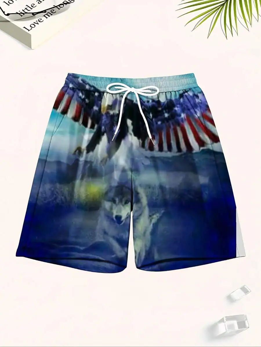 

Mens 3D Printed Quick Dry Beach Swim Trunks With Drawstring Waist