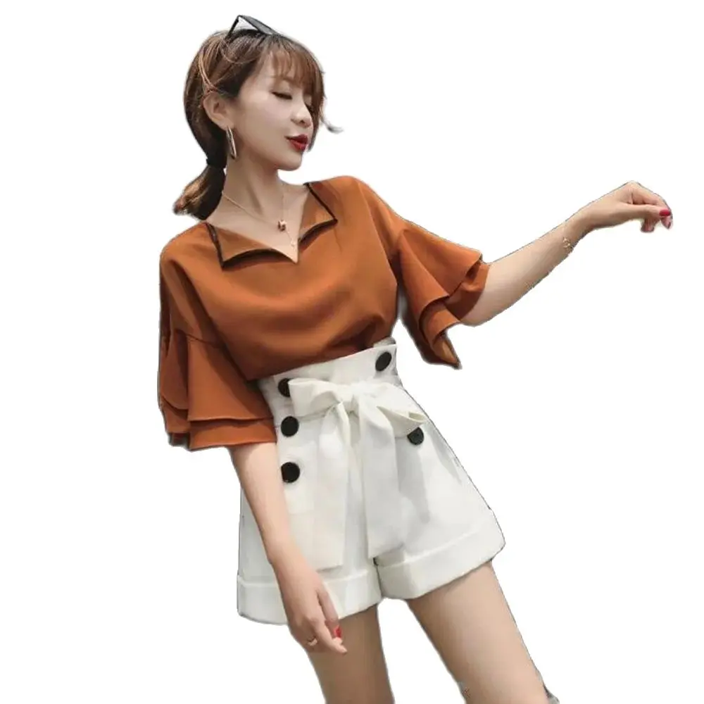 

Pant Suit Women's Summer 2024 New Loose High-waisted Wide-Leg Shorts Suit +V-neck Short-sleeved Chiffon Two-piece Suit Tide.