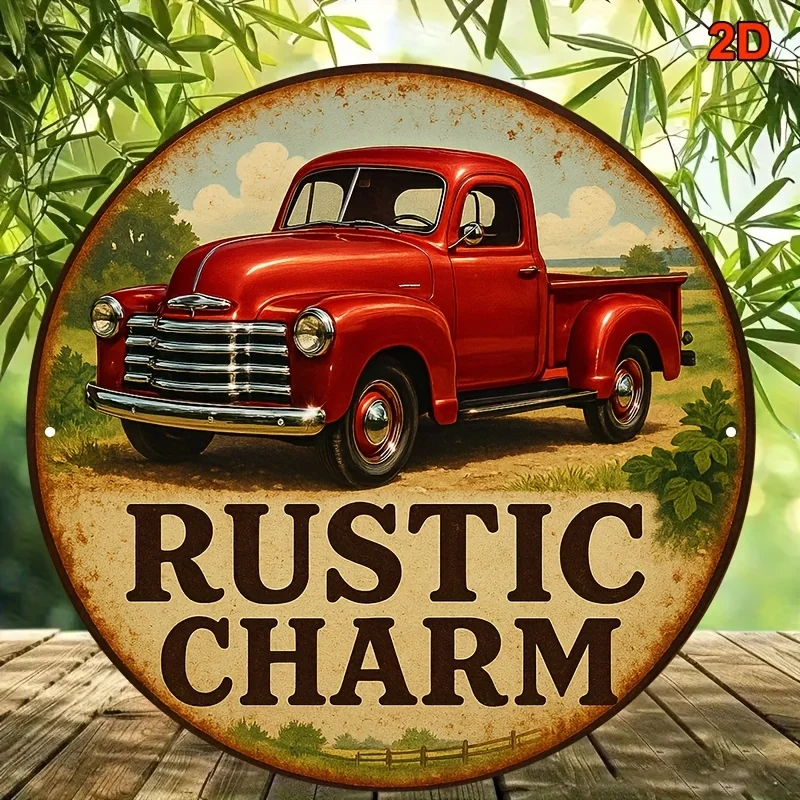 2D flach, 1 Stück 20,32 x 20,32 cm rundes Aluminiumschild – Vintage Red Truck Rustic Charm Wall Art, Country Retro Metallschild für Garage