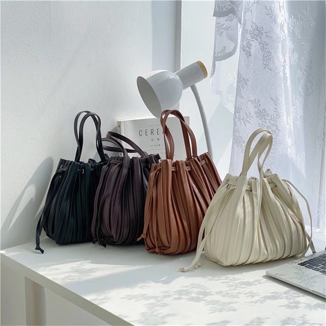 2023 NEW Summer Pleated Bucket Bags Luxury Handbags Women Leather Shoulder Bags Drawstring Designer Small Crossbody Bag AliExpress