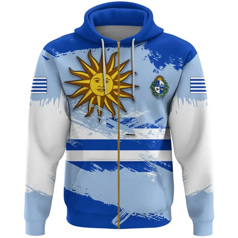 2024 Spring Autumn Daily Sportswear Zip Up Hoodies Street Uruguay Emblem Flag 3D Printing Oversized Hooded Sweatshirt Pullovers