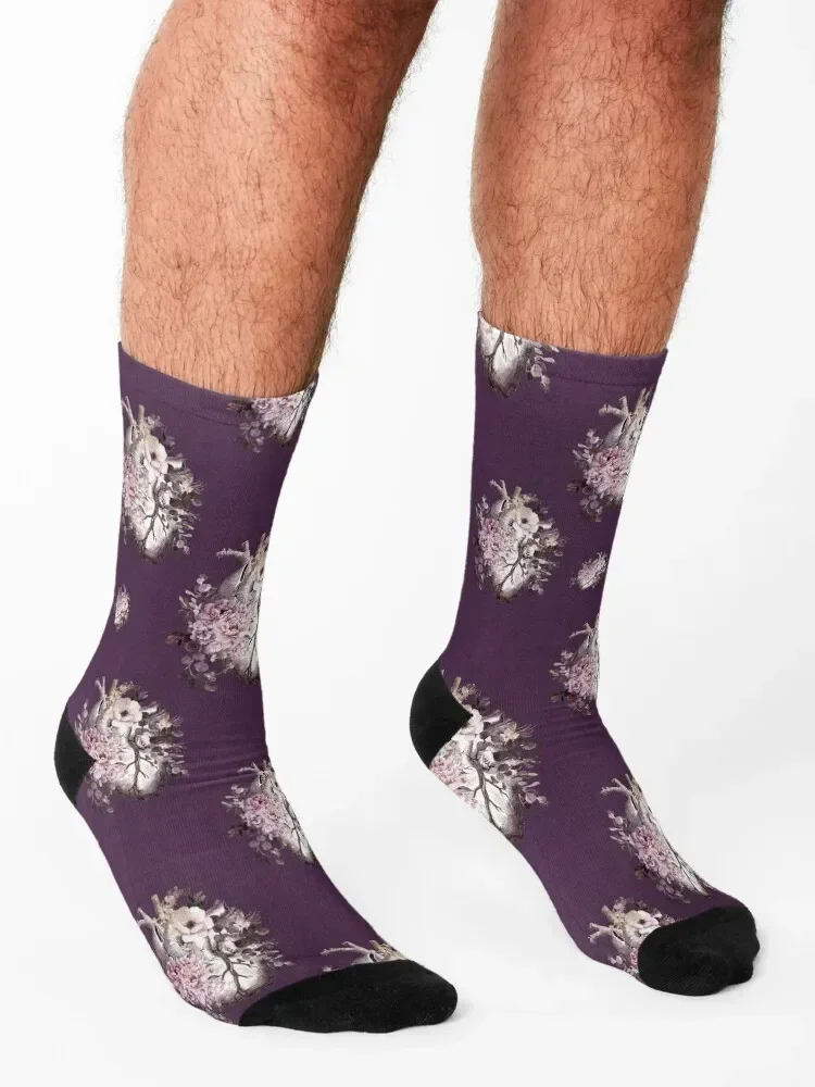 Bloom Floral Heart Human Anatomy pink watercolor style flowers Socks winter halloween new year Man Socks Women's