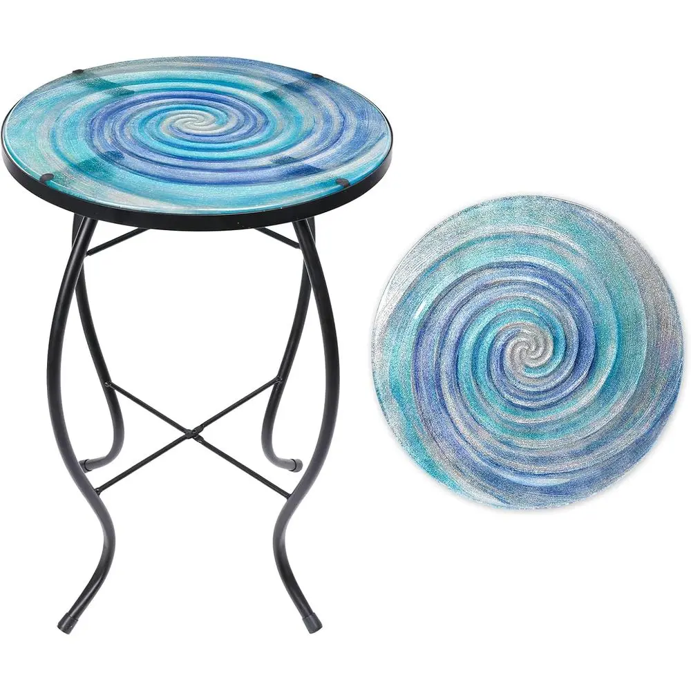 

Приставной столик для патио - Маленький круглый стеклянный бистро-столик с синим градиентным дизайном «Звездный вихрь»