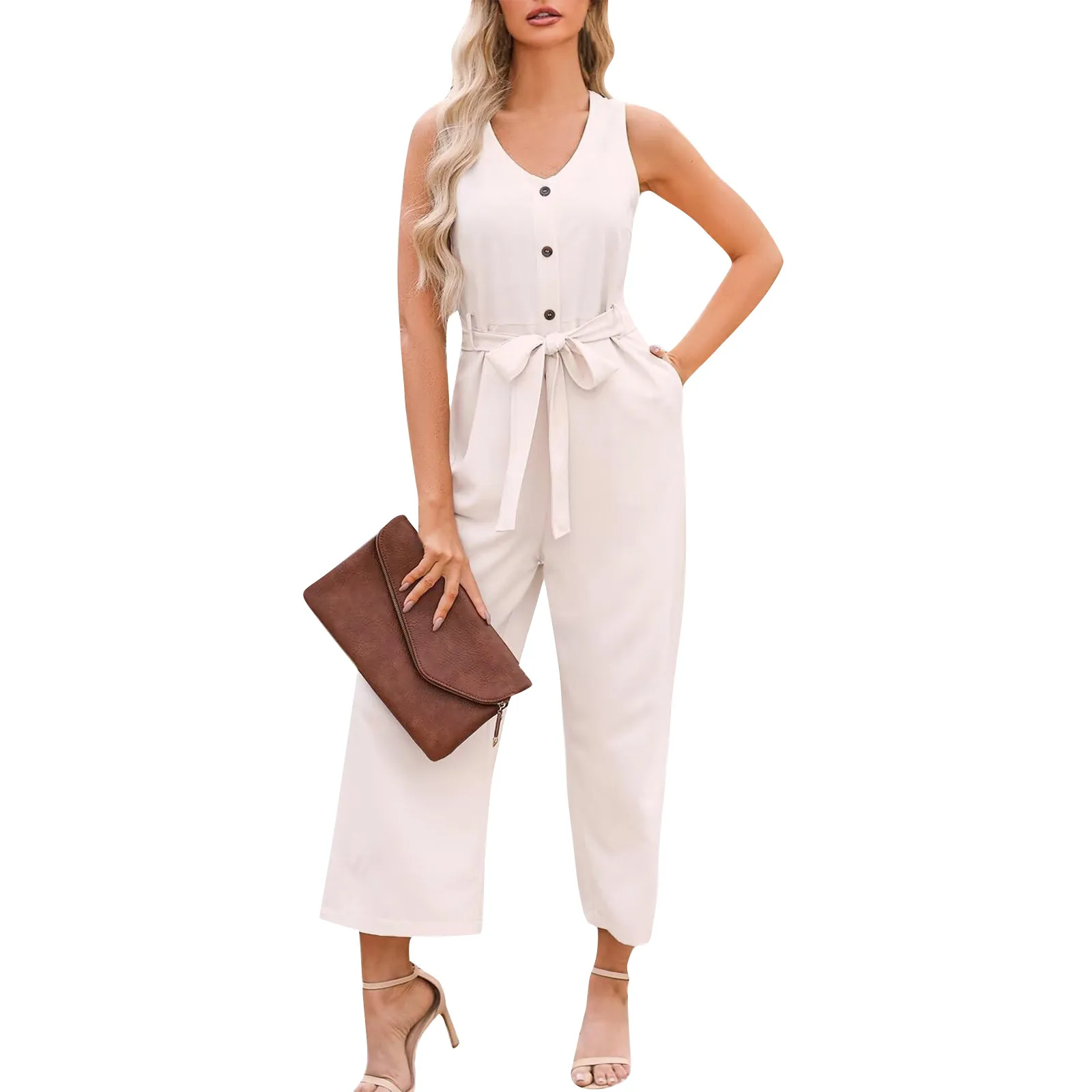 Summer Fashion V-neck ShortSleeve Jumpsuit Women 2023 Loose Cropped Pants Jumpsuit Women's SolidColor Casual Jumpsuit