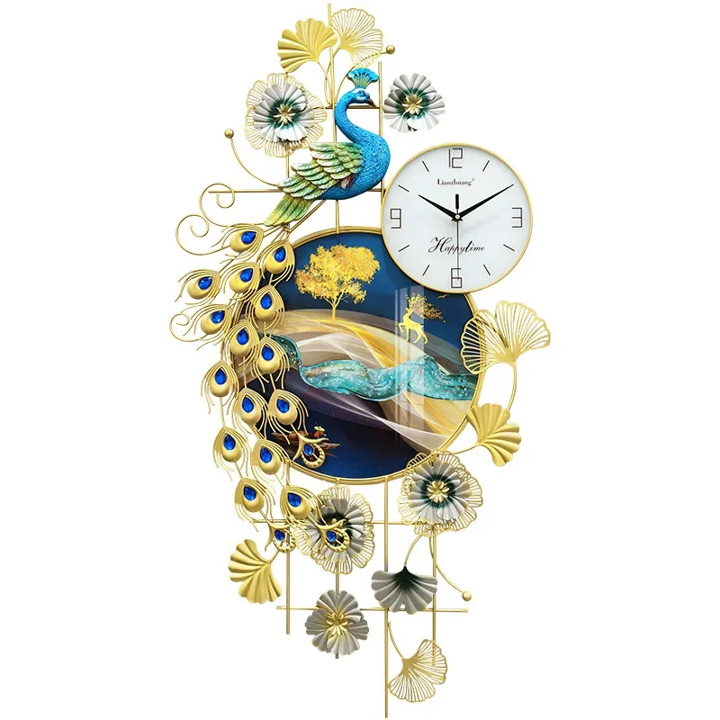 Home Crystal Porcelain Painting Art Craft Modern Big Peacock Design Silent Non-Ticking Wall Clocks For Living Room Decoration