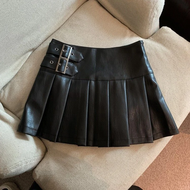 S-3Xl Y2K Pu Leather Mini Skirt Women Vintage High Waist Pleated Skirts Streetwear Korean Black Slim Casual A Line Skirts New