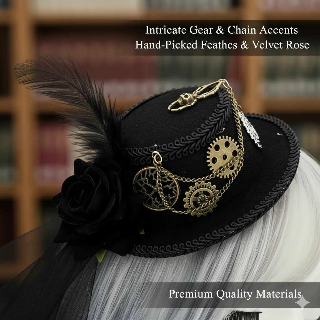 

Victorian Gothic Veil Hat Steampunked Mini Top Hat With Red Rose Feather Retro Cosplay Hair Accessory