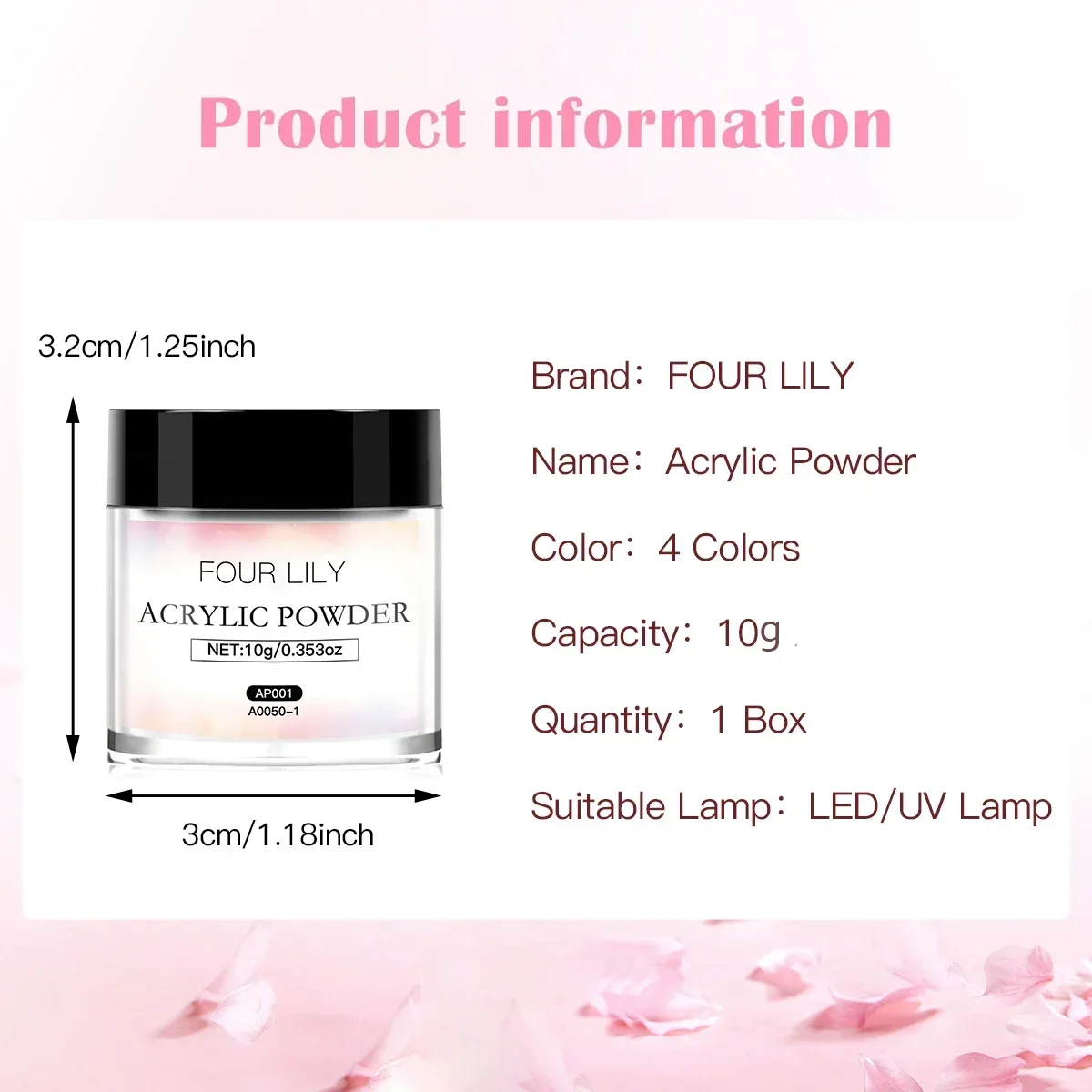 ผงอะคริลิค FOUR LILY 10 กรัม สีขาวนู้ดชมพู สำหรับทำเล็บอะคริลิคแบบมืออาชีพ สำหรับต่อเล็บแบบเฟรนช์ ไม่ต้องใช้หลอดไฟอบ