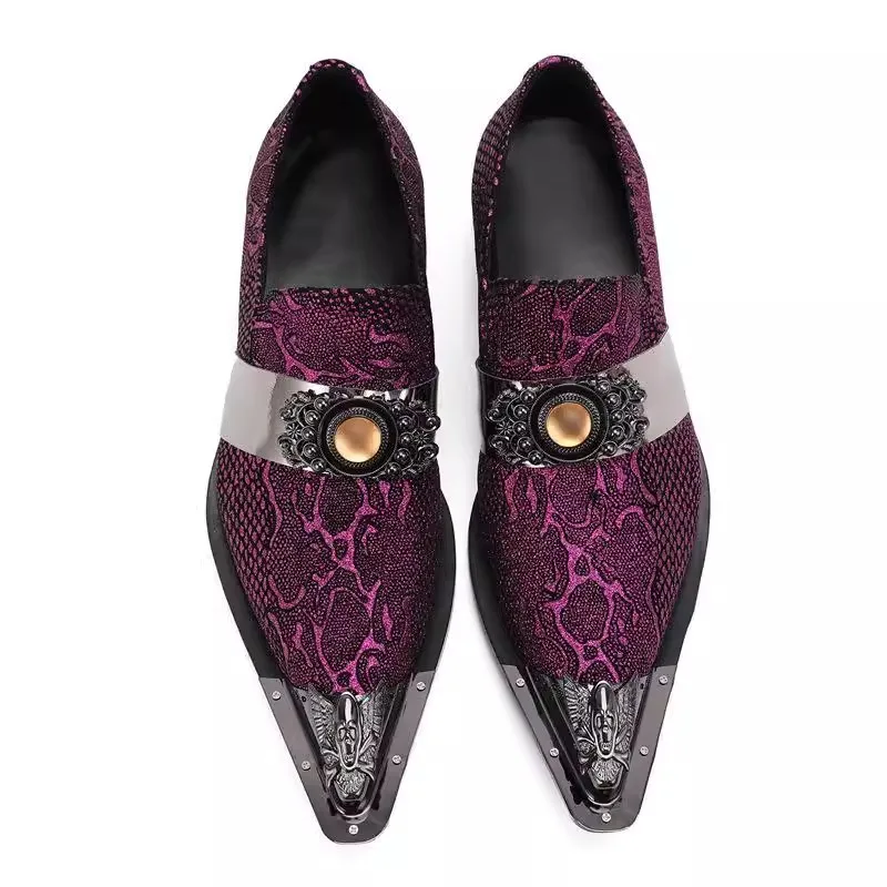 Luxury Design Mens Shoes Metal Pointed Toe Purple Leather Dress Shoes Men Personality Party and Wedding Shoes Men\'s Flats