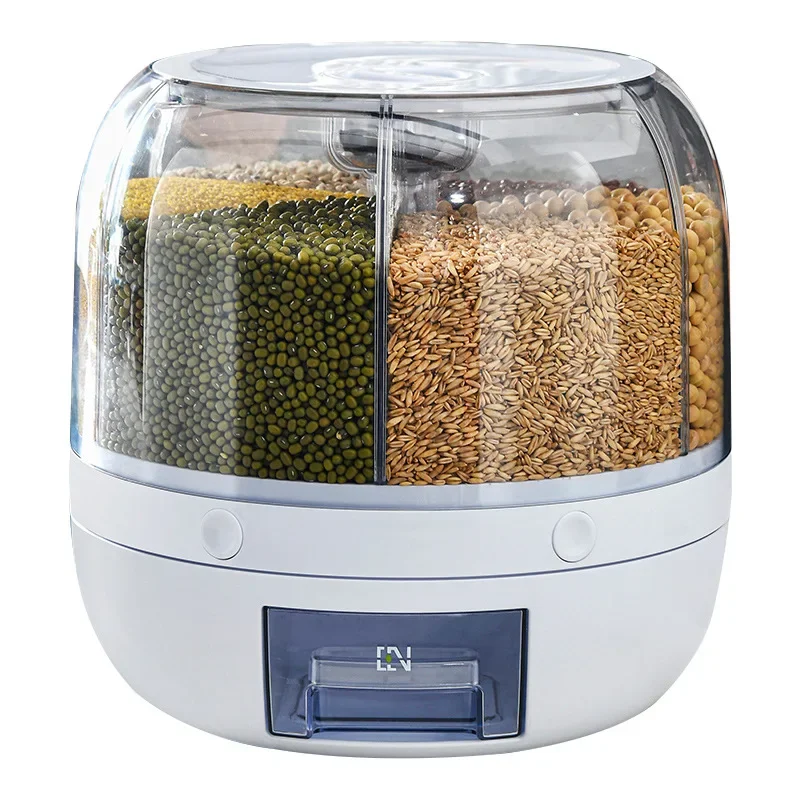 Rotating Rice Dispenser with Sealed Cover, Moisture-Proof, Kitchen Food Storage, 360 Degree