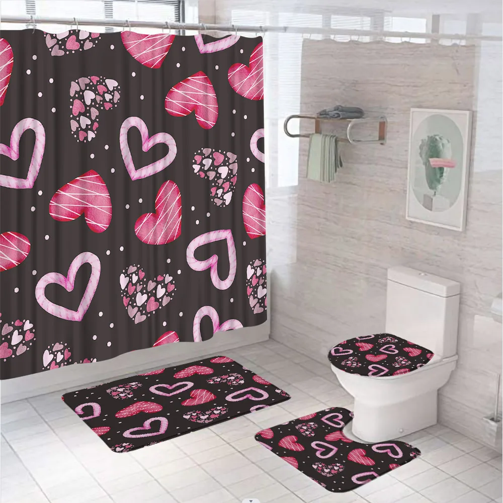 Pink Rose Love Shower Curtain Sets Valentine's Day Wedding Heart Flower Bathroom Curtains Non-Slip Bath Mat Rug Toilet Lid Cover