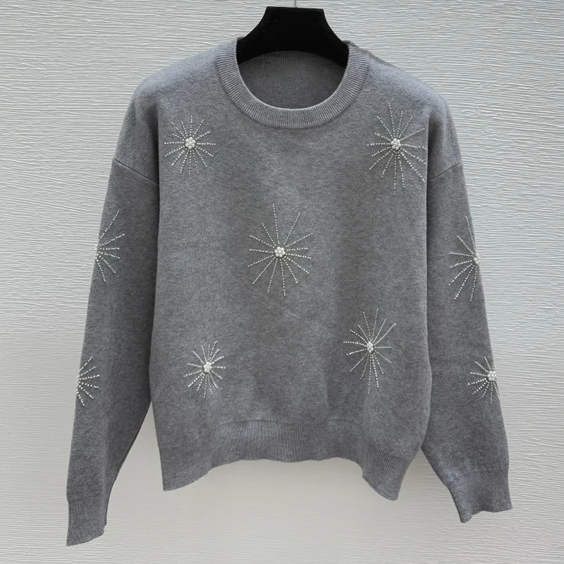 

Высококачественные металлические цветы украшают вышитые буквы для женщин, свитер с круглым вырезом, пуловер 251028222.